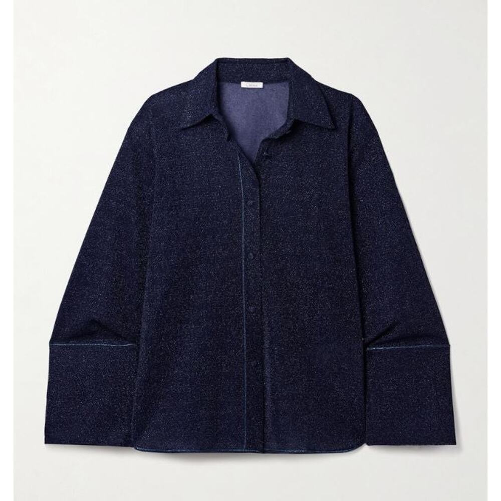 Oseree Lumiere Metallic Stretch-Knit Shirt Blue - S/M